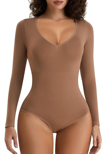 FXTYK Långärmad V-ringad formkläder bodysuit toppar för kvinnor magkontroll kroppsformare, BRUN, M