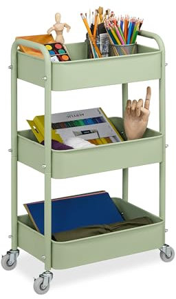 Relaxdays Rollwagen, 3 Etagen, Servierwagen, Küchenwagen Bad & Büro, Rollregal, 71,5x43,5x29,5 cm, Bastelwagen, grün