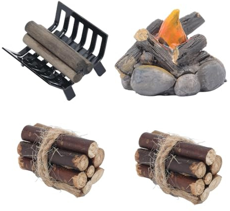 GORGECRAFT Miniatur-Lagerfeuer-Mini-Puppenhaus, Lagerfeuer-Modell, Feuerholz, Eisen, Harz, Mikro-Landschaft, Baumstumpf, Feengarten, Steinbank, Figuren für Foto-Requisiten, kleines Haus, Halloween,