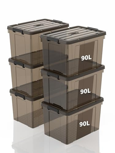 SpaceXpert Scatole Portaoggetti, Casse di stoccaggio 90L, Contenitori in Plastica con Coperchio e Maniglia, Trasparente Marrone, Impilabile, Facile da Trasportare, per Casa e Garage, 90L, Set di 6