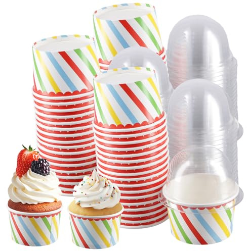 FAAING 100 Stück Pappe Eisbecher mit Deckel 200ml, Einweg Pappbecher, Eisschalen Einweg Papier Eisbecher Becher Dessert Schalen für Joghurt, Eis, Dessert