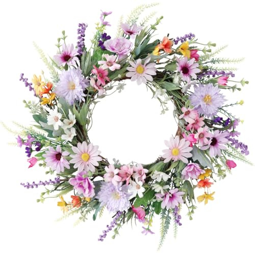 50CM Spring Wreath for Front Door Summer Artificial Daisy Lavender Wreath,Wildflower Summer Silk Wreaths for Home Wall Wedding Festival Farmhouse Holiday Decorr (Multicolor)