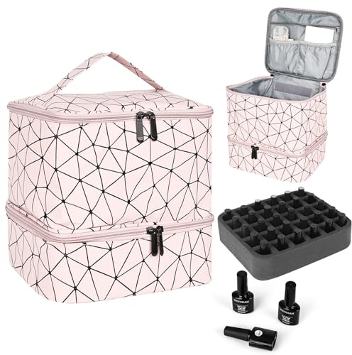 bssmmai Organizador de esmalte de uñas, doble capa, organizador para 30 botellas y lámpara de uñas (rosa), Rosa., Bolsa organizadora de esmalte de uñas