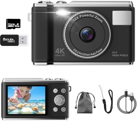 Appareil Photo numérique 4K, véritable Appareil Photo de vlogging 50 MP avec Carte TF 32 G, Zoom 16x, Mise au Point Automatique AF, écran Anti-tremblement, écran LED de 2,83 Pouces, Flash, Appareil