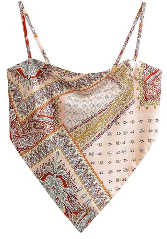 Damen-Bandana-Oberteil, Boho, Paisleymuster, Satin, Einstecksaum und Raffhalter, verstellbarer Spaghettiträger, Cami Tube Tops