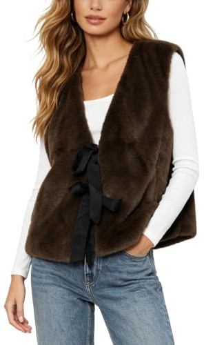 Amazhiyu Gilet da donna in finta pelliccia, senza maniche, soffice, invernale, primaverile, casual, con lacci, gilet peloso, gilet leggero, Marrone, XL