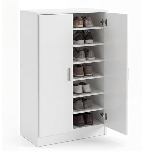 FineBuy Schuhschrank 55x35x108 cm Weiß mit 2 Türen, Geschlossen | Schuhregal aus Holz mit kratzfester Oberfläche, Dielenschrank schlank, Schuhkommode für den Flur