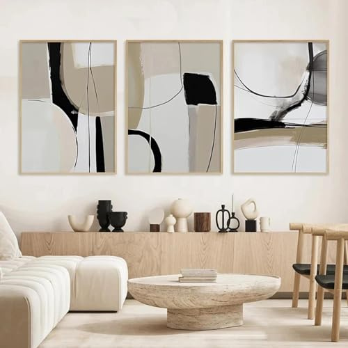LZJAGXX Minimalistische Linien Poster Wandkunst Abstrakt Beige Schwarz Leinwand Gemälde Poster Drucke Home Schlafzimmer Wohnzimmer Dekor 70x100cmx3 Rahmen