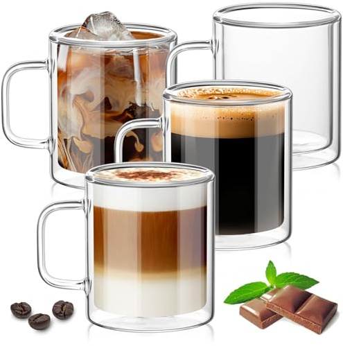 TKNO 4 Pack 400ml Double Walled Glass Mugs – Insulated Clear Tea & Coffee Cups, Large Borosilicate Glasses with Handles, Heat Resistant Latte, Herbal, or Iced Drink Mug