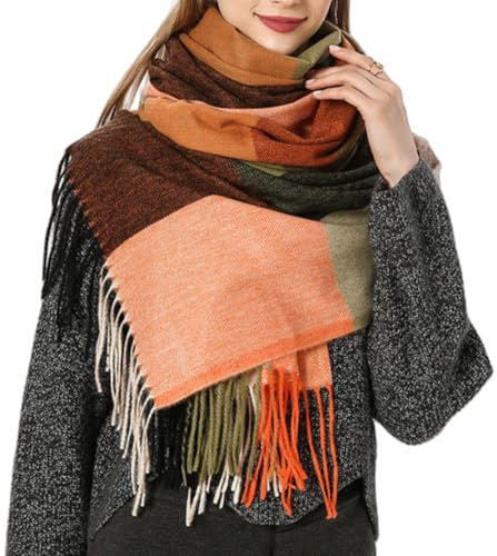 Bufandas Mujer Invierno Grande a Cuadros de invierno con tacto de cachemira para mujer Cachemira sintética Chal Cálido Moda Largas Bufandas Mujer Invierno de Punto con Flecos para Mujeres Hombres