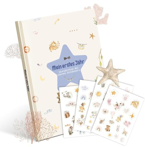 Mein erstes Jahr Babyalbum & Babytagebuch – 28,5x21cm Erinnerungsbuch mit Seestern-Motiven | Geschenkidee zur Geburt & Babyparty