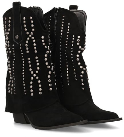 97101 Botin Cowboy para Mujer con Diseno campero. Tachuelas metalicas, Punta Fina y Tacon. Ideal para la Temporada Otono Invierno. Negro Talla 38