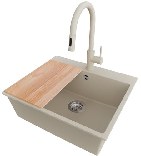 PRIMAGRAN Fregadero Granito al Mueble 60cm + Grifo, 58x50cm | Set: Grifo BW9010 + Kit de desagüe (sifón, válvula, rebosadero) + Tabla de Cortar + Riga 1 Seno para Cocina, Beige