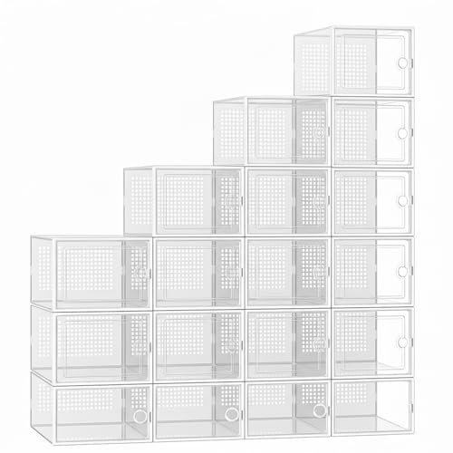 2D CORP 18 Boîtes à Chaussures Transparentes - 40% Plus Solide - Rangement Chaussures - Gain de Place - Boîtes de Rangement Empilables - Jusqu'à 44 - Transparent et Blanc