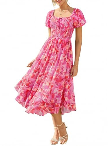 GRACE KARIN Women Summer Dress Square Neck Smocked A-line Floral Dresses | Summer Wedding Guest Dresses for Women UK Casual Elegant Puff Sleeve Maxi Dresses with Pockets