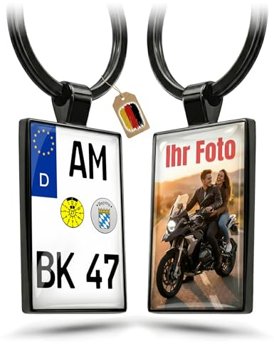 Internetservice Timo Lindner Motorrad Schlüsselanhänger mit Kennzeichen und Foto personalisiert, Geschenk für Motorradfahrer, beidseitig aus Metall, Motorradführerschein, Glücksbringer in schwarz