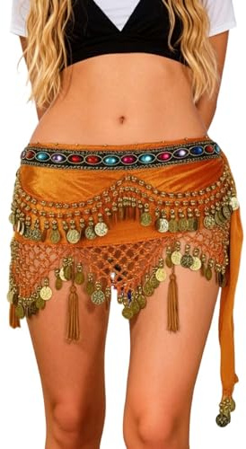 Rock - Cinturón para danza del vientre con flecos y bufanda de diseño para bailarinas, naranja, Talla única