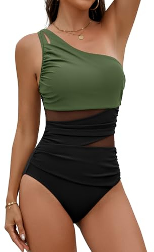 Svanco Costume Intero Donna Monospalla Contenitivo, Costume da Bagno Donna Push Up Imbottito per Piscina e Mare, Costume Intero Donna Curvy Elegante