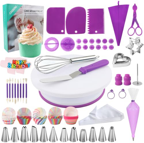 Cake Decorating Kit 253 PCs with Cake Turntable- Cake Leveler- 100 Cake Cups- 12 Piping Tips & Nozzles & 50 Icings Bags, Professionals Cake Baking Accessories, DIY Baking Tools Supplies for Beginners