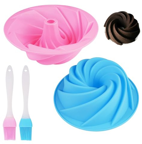 Varenzya 2 stycken Gugelhupf-formar silikon Ø 16,5 cm, återanvändbar Gugelhupfform, liten med 2 bakborstar, gugelhupf bakform, silikon för bröd, kakor, isbitar, choklad, pudding (blå, rosa)