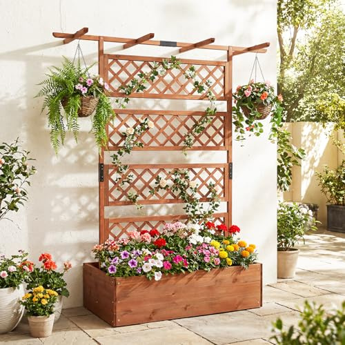 FANTASK Hochbeet mit Rankengitter, 100 x 55 x 183cm, Blumenkasten mit Spalier & Entwässerungslöchern, Pflanzbeet mit Sichtschutz, Pflanzkasten für Kletterpflanzen