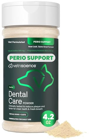 VetriScience Dental Care Powder for Dogs & Cats – Helps Reduce Plaque & Tartar Buildup, Clean Teeth & Fresher Breath, Clinically Tested, Vet-Formulated Oral Supplement, 4.2 oz