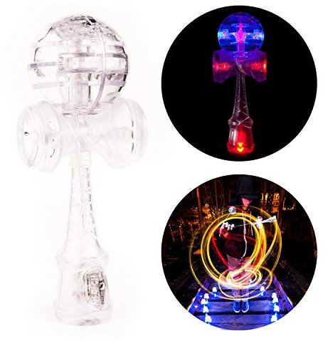 YoYo Factory Catchy LED Kendama - TRANSPARENT/BLAU/ROT (Japanisches Traditionelles Spielzeug, Beleuchtet, Vom Anfänger Zum Profi, Batterien Enthalten)