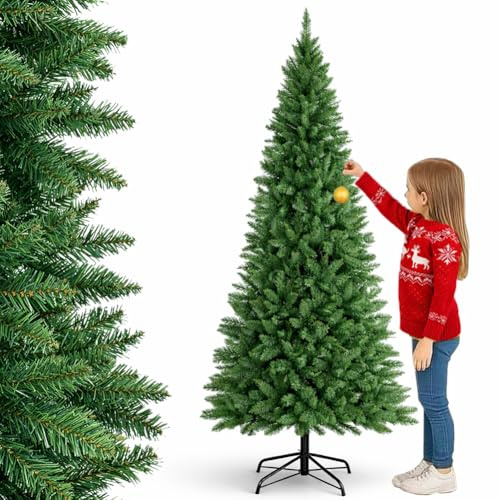 BAKAJI Albero di Natale Slim Molto Folto Ecologico e Ignifugo con Base a Croce in Ferro Pieghevole, Decorazione Natalizia Salvaspazio Foltissima con Rami Realistici (Verde Pino dei Sogni, 150 cm)