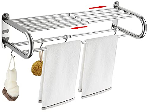 BESy Adjustable 15-25 Inch Towel Rack with Shelf for Bathroom and Lavatory Towel Shelf Double Towel Bar Rod 4 Hooks Wall Mount Multifunction Towel Holder Hotel Style Stainless Steel Polished Chrome
