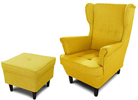 Ohrensessel Sessel King - Lounge Sessel mit Armlehnen - Retro Stuhl aus Stoff mit Holz Füßen - Polsterstuhl für Esszimmer & Wohnzimmer (Gelb (Vidar 66), mit Hocker)