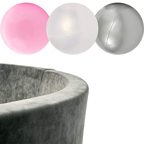 MISIOO Velvet Bällebad - Bällebad Kinder für Baby Zimmer - Bällebad Baby - 150 Bälle für Bällebad - Baby Spielzeug - Maschinenwaschbar - Öko-Tex - 90 x 30 cm - Hellgrau - Rosa Weiß und Silber Bälle