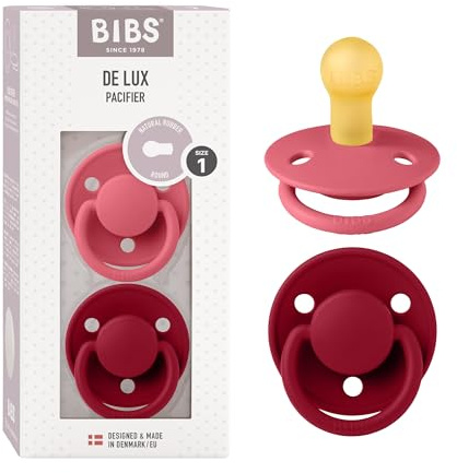 BIBS De Lux Schnuller, 0-6 Monate, 2er-Pack, Runder Sauger, Coral/Ruby | Naturkautschuklatex | Größe 1 | BPA-frei | Hergestellt in Dänemark | Hohe Akzeptanz | Luftlöcher | Komfortschild