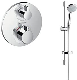 hansgrohe Ecostat S Thermostatic Mixer for 2 outlets with Integrated Shut Off/Diverter Valve, Chrome 15758000 & Croma 100 Shower Set Vario with Shower Rail 65 cm and soap Dish