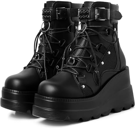 mikarka Holographic Platform Boots for Women, Lace Up Ankle Studded Buckle Goth Stacked Wedge Combat Ankle Boots