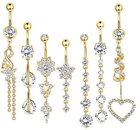 LOLIAS 7 Pcs Dangle Belly Button Ring - Hypoallergenic Surgical Steel Belly Rings for Women 14G Navel Button Piercing CZ Flower Heart Curved Navel Piercing Jewelry Gold