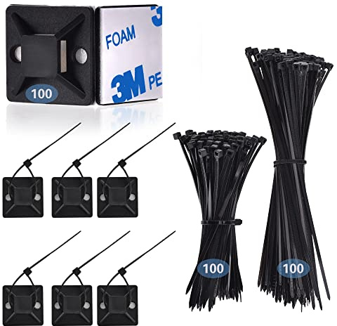200 Pcs Cable Ties Black 100 Pcs Self Adhesive Wire Tie Mount Base Holders， Cable Clips with Strong Self Adhesive Pads ，Cable Management Set for Home 、 Office、Warehouse, (cable tie with base-001)