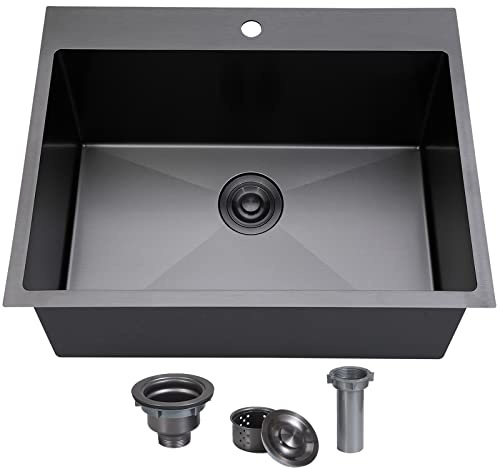 SHACO 25x22 Inch Black Drop In Kitchen Sink, 25 Inch Gunmetal Black RV Laundry Utility Sink, Top Mount 16 Gauge Stainless Steel Single Bowl Deep Small Kitchen Sink