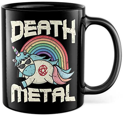 Tasse Death Metal Geschenk Einhorn-Motiv Kaffee-Becher Kaffeetasse Tasse mit Motiv lustig Teetasse Rock Rocker Heavy Metal Punker Einhorn witzig (Schwarz)