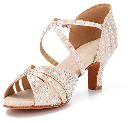 Syrads Zapatos Profesionales de Baile Latino para Mujer Zapatos de Baile de Salsa Bachata con Punta Abierta Diamantes de imitación Brillantes Tacones de Baile Latino,Color Claro 6cm Heel,37 EU