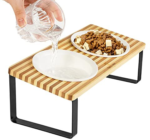 GUUSII HOME Futterstation Katzen Erhöht|Katzen Fressnapf Erhöht|Ergonomischer Katzennapf Erhöht Keramik Napf Katzennapf Erhöht|Katzen Futternapf Katze Erhöht|Fressnapf Katze Holz Keramik (Streifen)