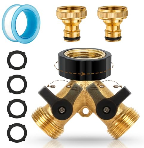 2 Wege Verteiler Wasser 3/4 Zoll, Messing 2 Wege Y Verteiler 3/4 Zoll mit Separaten Absperrhähnen, Wasseranschluss Verteiler 3/4 Zoll mit Unterlegscheibe Schlauchadapter, für 2 Geräten Anschluss