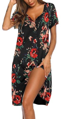 Ekouaer Women's Nightdress Short Sleeve Nightshirt Button Down Nightgown V-Neck Sleepwear Summer Sleepshirts