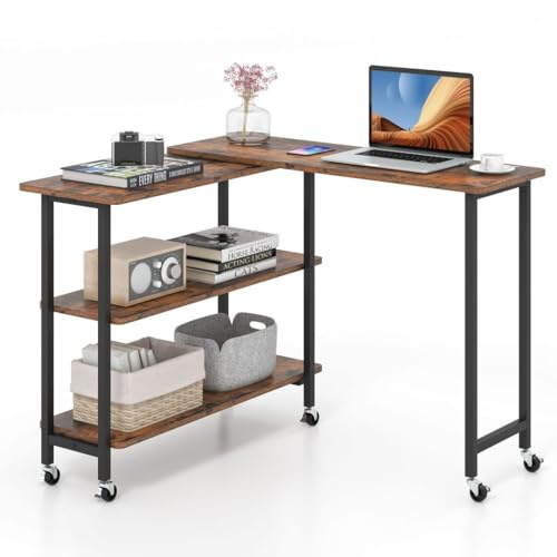 COSTWAY Corner Computer Desk, 360° Rotating Sofa Side Table Writing Desk with 2-Tier Storage Shelves, L-Shaped PC Laptop Workstation Couch Snack Table for Home Office (Rustic Brown, 140 x 30 x 69 cm)