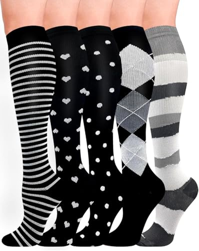 HIPOWER 5Paar Kompressionsstrümpfe Damen Herren Sport Stützkniestrümpfe | Bunte Stützstrümpfe, Reisestrümpfe Compression Sock Für Flug Radsport Reisen Sport Alltag
