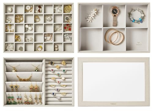 VEE&CO. Stapelbares Schmucktablett für Schublade, hohe Kapazität, Schmuck-Organizer, Halskettenhalter, Ohrringhalter, Organizer, Geschenk für Damen und Mädchen, 3 Ebenen, Grau