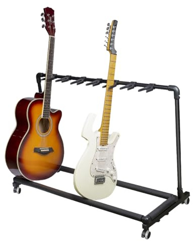 Multi-Gitarrenständer, Mehrere Gitarrenständer, Universelles Gitarren-Display-Rack für E-Gitarre, Bass, Schwarzer Gitarren-Display-Halter, Klappbarer Gitarrenständer mit Rollen (7)