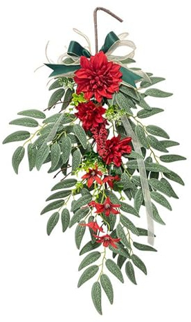 PRTECY Couronne D'hortensia Artificielle en Forme de Larme à Suspendre avec Feuilles de Saule, Fausse Branche de Lierre pour Porte D'entrée, Arc de Mariage, Fenêtre, Décoration Murale(Rouge)
