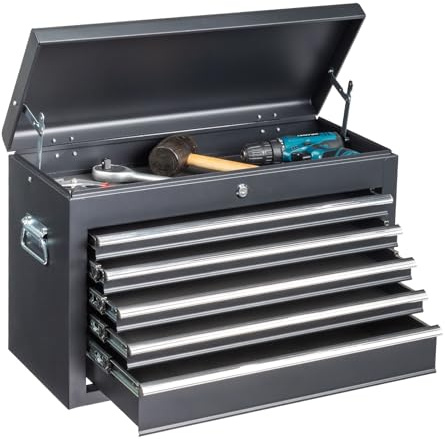 Winado 24 Portable Metal Tool Box, 5 Drawers Toolbox with Top Storage Tray, Carry Handle, Ball Bearing Runners, Lockable Tool Chest Cabinet for Garage, Warehouse, Repair Shop & Home, Black