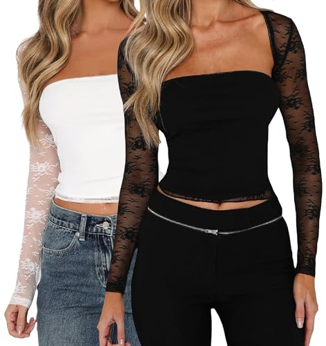 JOKELAMB Women 2 Pack Mesh Cropped Tops Sexy Bolero Shrug See Through Floral Lace Cardigan