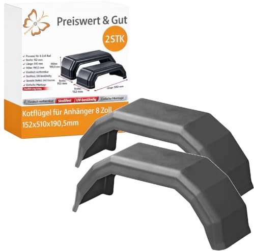 2 STK Kotflügel für Anhänger 8 Zoll Kunststoff eckig 510 x 190,5 mm | Anhängerkotflügel und Schutzblech mit 152 mm Breite, elastisch, UV-beständig und wetterfest für Pferdeanhänger